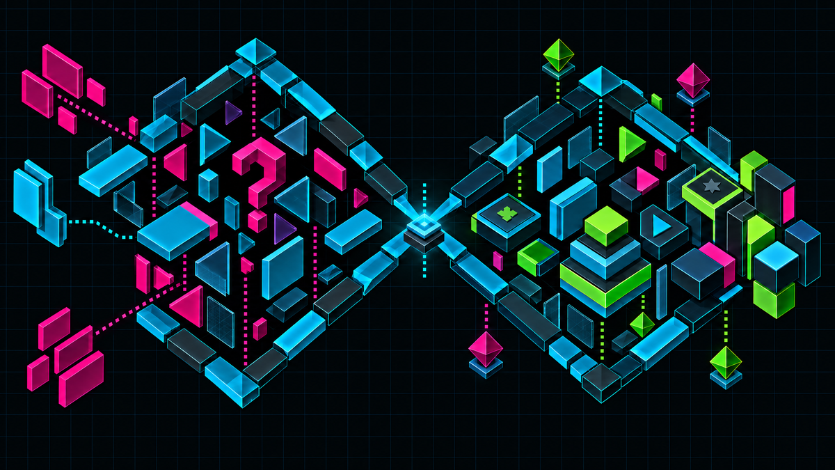 A imagem apresenta o metadesign como uma estrutura geométrica inspirada no Duplo Diamante. À esquerda, formas em rosa e ciano representam a expansão colaborativa de repertórios no Discovery. No centro, um foco luminoso marca a síntese das decisões e a transição para a produção. À direita, módulos em ciano e verde organizam os elementos em uma experiência de jogo séria e coerente. O grid quadrado sutil reforça método, clareza e conexão entre aprendizagem, motivação e propósito.