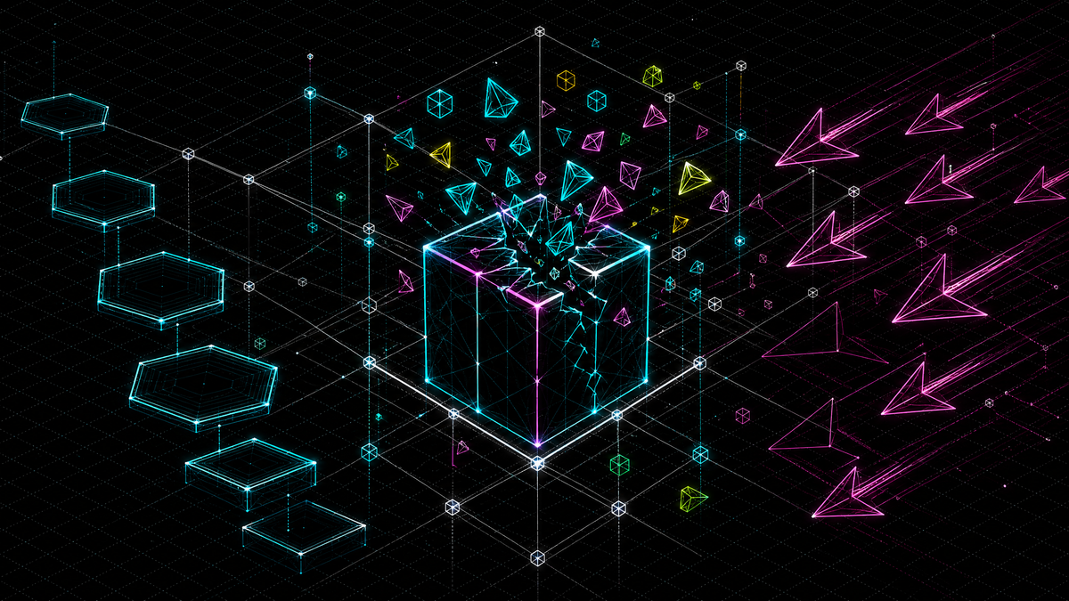Monetização Predatória — O cubo (loot box) estilhaçado no centro, cercado por uma gaiola de linhas rígidas e setas de pressão, representa as mecânicas predatórias que aprisionam o jogador — a escassez artificial, o FOMO e o pay-to-win — enquanto os fragmentos dispersos simbolizam o impacto cultural e emocional sobre as gerações mais jovens.